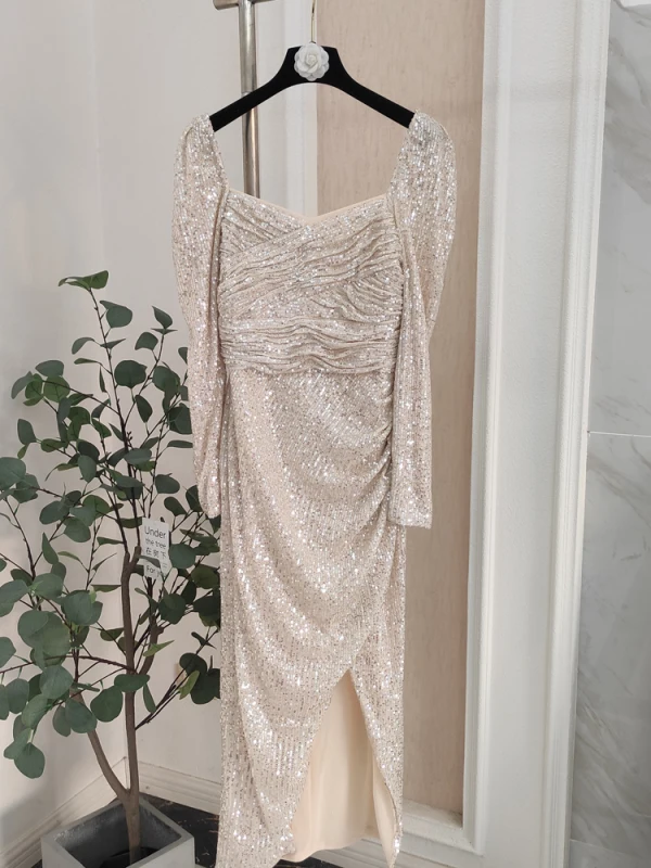 Sexy Champagne Paillettes Robe De Soirée 2023 Trompette / Sirène Encolure Carrée Manches Longues Dos Nu Thé Longueur Soirée Robe De Ceremonie