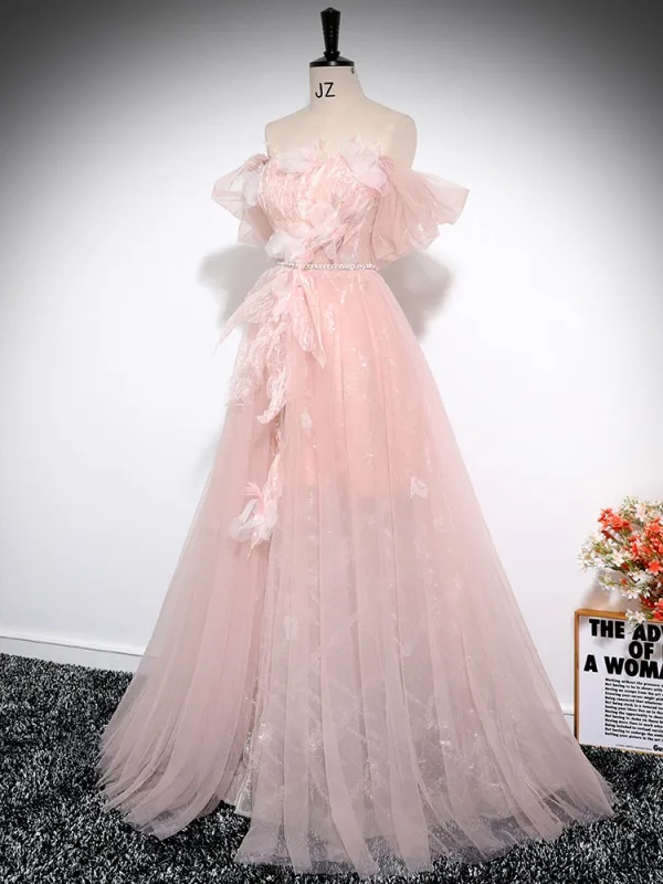 Schöne Rosa Perlenstickerei Applikationen Gespaltete Front Ballkleider 2024 Ballkleid Off Shoulder Kurze Ärmel Rückenfreies Lange Ball Festliche Kleider