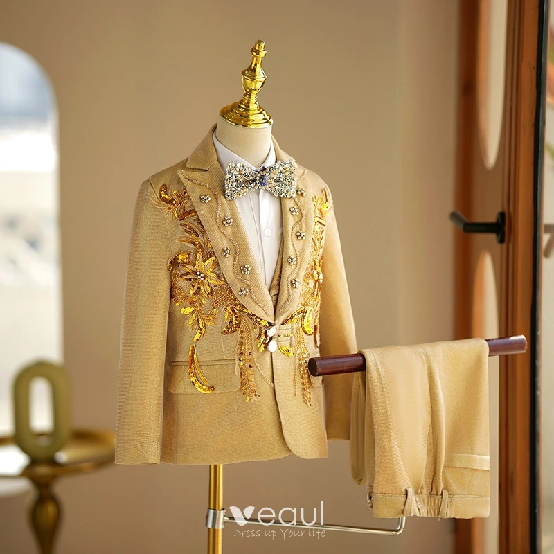 Fashion Fall Winter Gold Rhinestone Sequins Long Sleeve Boys Wedding Suits 2024 5-piece Wedding Coat Pants Shirt Tie Vest
