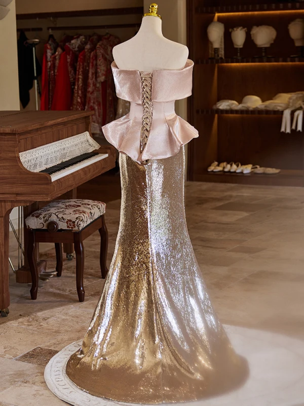Charmant Zwei Töne Rosa Pailletten Ballkleider 2024 Meerjungfrau Off Shoulder Kurze Ärmel Rückenfreies Sweep / Pinsel Zug Ball Festliche Kleider