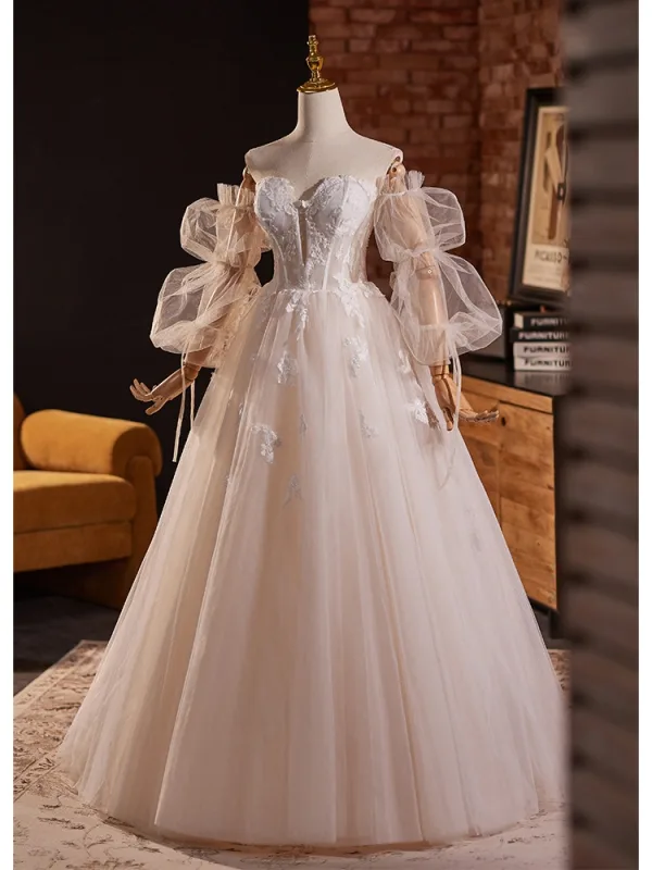 Elegant Blushing Pink Lace Flower Prom Dresses 2024 Ball Gown Off-The-Shoulder Short Sleeve Backless Floor-Length / Long Prom Formal Dresses