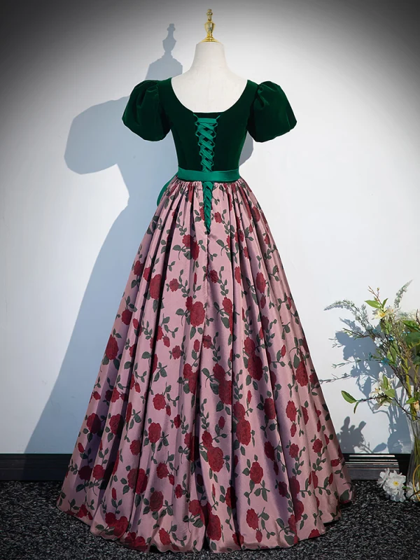 Vintage / Retro Dark Green Printing Prom Dresses 2024 Ball Gown Square Neckline Bow Sash Short Sleeve Backless Floor-Length / Long Prom Formal Dresses