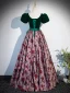 Vintage / Retro Dark Green Printing Prom Dresses 2024 Ball Gown Square Neckline Bow Sash Short Sleeve Backless Floor-Length / Long Prom Formal Dresses