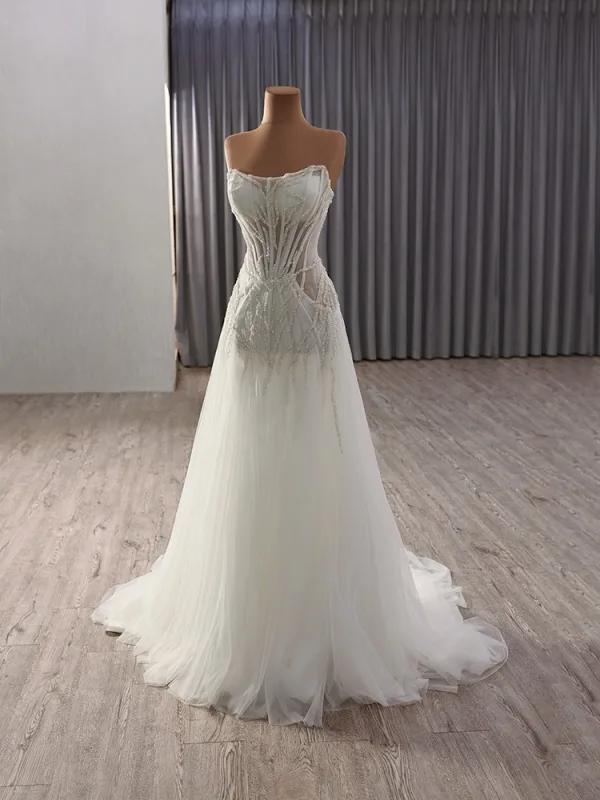 Sexy White Beading Sequins Evening Dresses 2025 A-Line / Princess Strapless Sleeveless Backless Floor-Length / Long Evening Party Formal Dresses