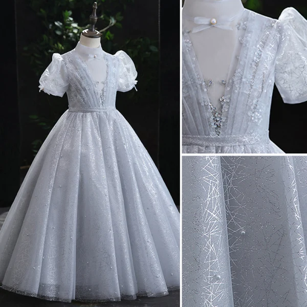 Chic / Beautiful Grey Glitter Pearl Sequins Flower Girl Dresses 2022 Ball Gown High Neck Puffy Short Sleeve Floor-Length / Long Prom Flower Girl Dresses