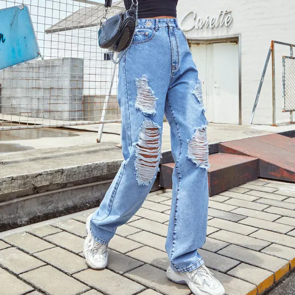 Trasiga Mode Kvinna Himmelsblå Raka Jeans 2021 Broderade Daisy Denim Långa Byxor Lösa Gatukläder Bottoms