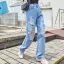 Trasiga Mode Kvinna Himmelsblå Raka Jeans 2021 Broderade Daisy Denim Långa Byxor Lösa Gatukläder Bottoms