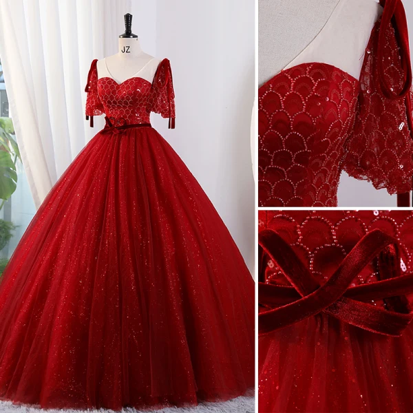 Elegant Burgundy Glitter Beading Sequins Prom Dresses 2023 Ball Gown V-Neck Short Sleeve Backless Bow Sash Prom Floor-Length / Long Formal Dresses