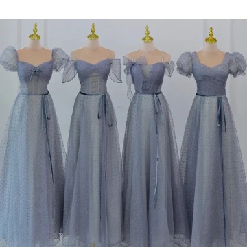 Chic Beautiful Ocean Blue Glitter Spotted Bridesmaid Dresses 2023 A Line Princess Puffy Short Sleeve Backless Floor Length Long Bridesmaid