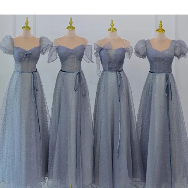 Chic / Beautiful Ocean Blue Glitter Spotted Bridesmaid Dresses 2023 A-Line / Princess Puffy Short Sleeve Backless Floor-Length / Long Bridesmaid