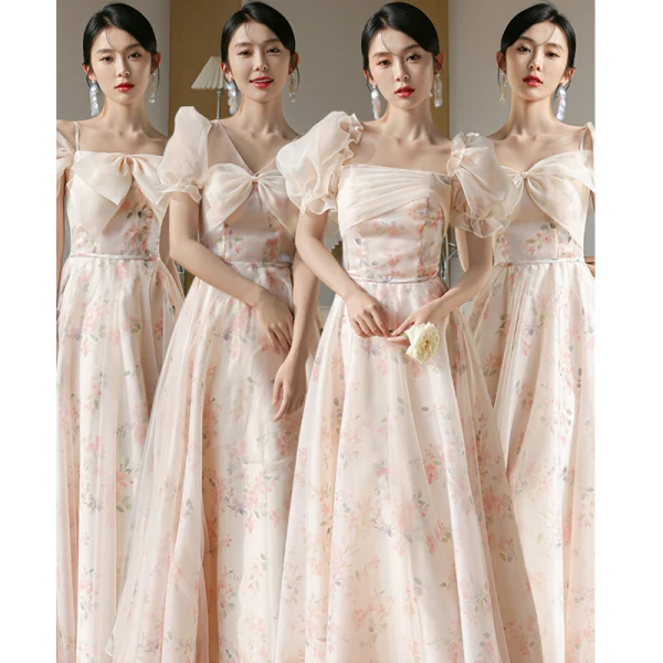 Chic / Beautiful Blushing Pink Bow Printing Bridesmaid Dresses 2023 A-Line / Princess Short Sleeve Backless Floor-Length / Long Bridesmaid Dresses