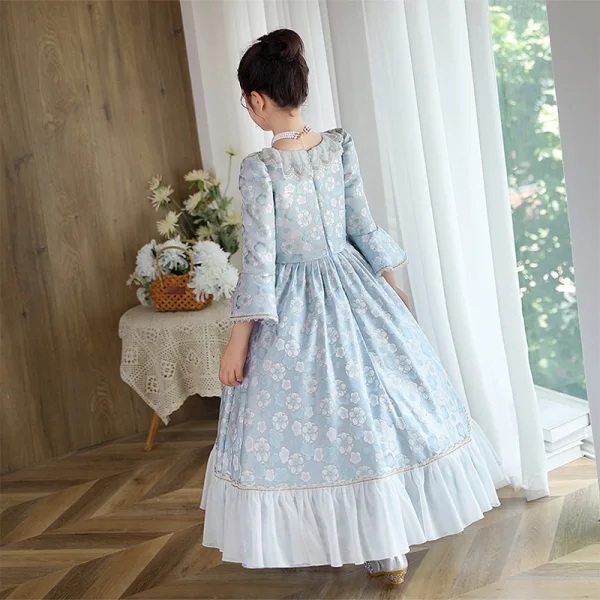 Medieval Vintage / Retro Sky Blue Printing Birthday Flower Girl Dresses 2023 A-Line / Princess Scoop Neck Bow Pearl 3/4 Sleeve Floor-Length / Long Flower Girl Dresses