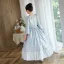 Medieval Vintage / Retro Sky Blue Printing Birthday Flower Girl Dresses 2023 A-Line / Princess Scoop Neck Bow Pearl 3/4 Sleeve Floor-Length / Long Flower Girl Dresses
