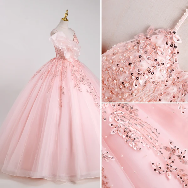 Lovely Blushing Pink Beading Sequins Prom Dresses 2023 Ball Gown Pearl Spaghetti Straps Sleeveless Backless Floor-Length / Long Prom Formal Dresses