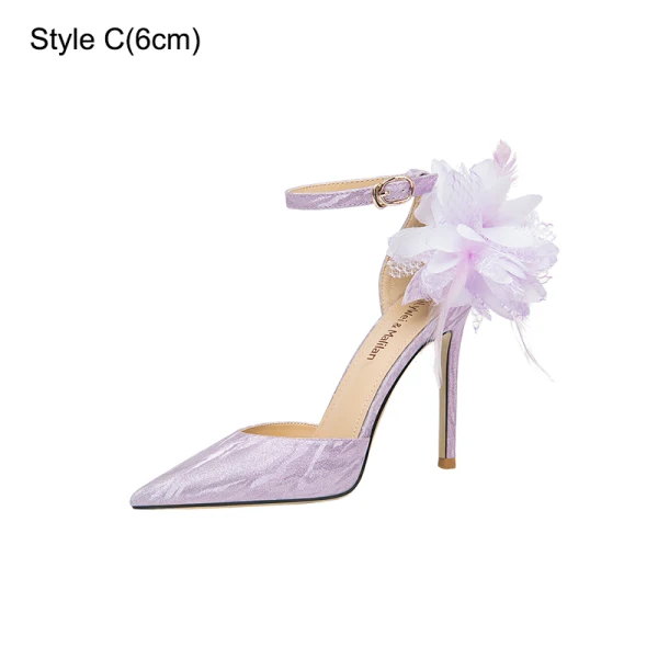 Charmant Lavendel Glans Appliques Bruidsschoenen 2023 Enkelband 10 cm Naaldhakken / Stiletto Spitse Neus Huwelijk Sandalen Hoge Hakken