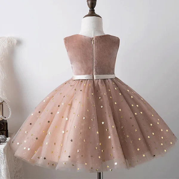 Fashion Blushing Pink Star Sequins Birthday Flower Girl Dresses 2022 Ball Gown Scoop Neck Sleeveless Bow Sash Short Flower Girl Dresses