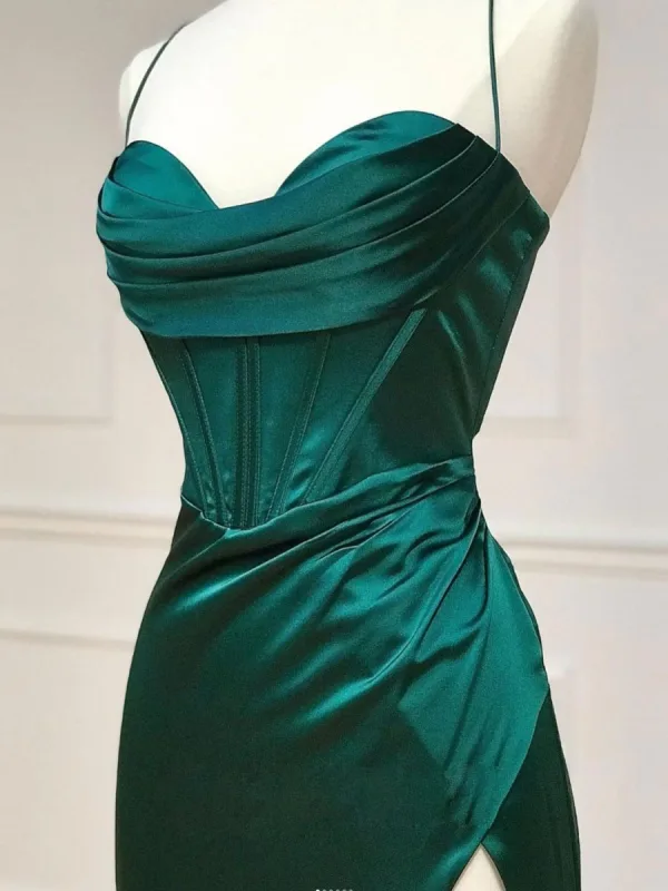 Sexy Dunkelgrün Satin Gespaltete Front Ballkleider Abendkleider 2024 Meerjungfrau Spaghettiträger Ärmellos Rückenfreies Lange Festliche Kleider