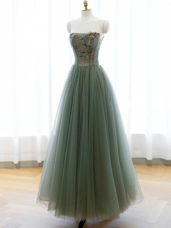 Chic / Beautiful Sage Green Appliques Prom Dresses 2024 A-Line / Princess Strapless Sleeveless Backless Floor-Length / Long Formal Dresses