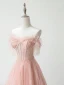 Lovely Blushing Pink Beading Lace Flower Prom Dresses 2024 A-Line / Princess Off-The-Shoulder Short Sleeve Backless Floor-Length / Long Formal Dresses