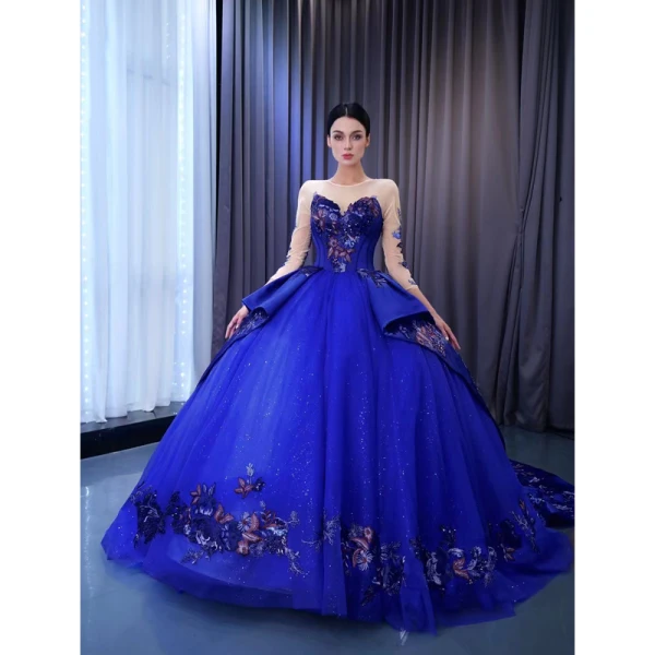 Vintage / Retro High-end Navy Blue Handmade  Beading Sequins Lace Flower Prom Dresses 2023 A-Line / Princess Scoop Neck Long Sleeve Backless Chapel Train