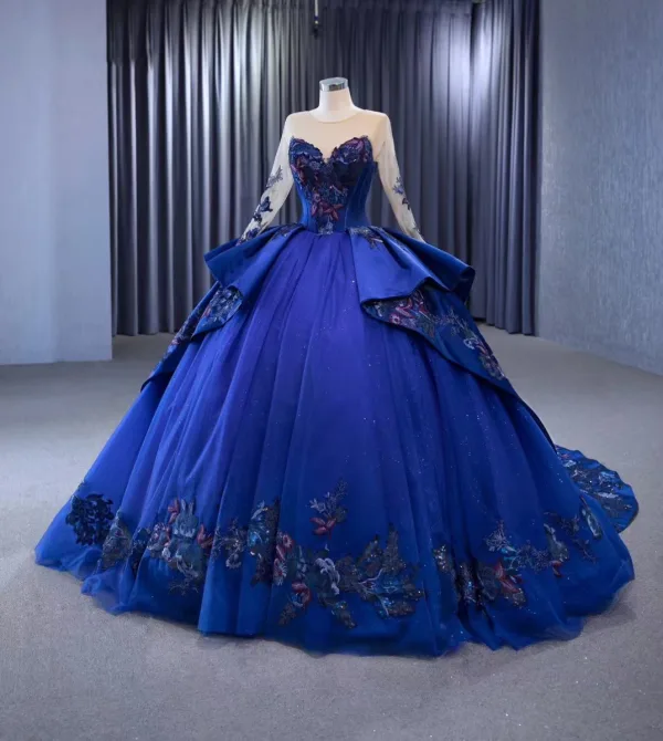 Vintage / Retro High-end Navy Blue Handmade  Beading Sequins Lace Flower Prom Dresses 2023 A-Line / Princess Scoop Neck Long Sleeve Backless Chapel Train
