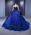 Vintage / Retro High-end Navy Blue Handmade  Beading Sequins Lace Flower Prom Dresses 2023 A-Line / Princess Scoop Neck Long Sleeve Backless Chapel Train