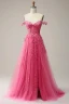 Sexy Fushia En Dentelle Fleur Fendue devant Robe De Bal 2024 Princesse Bretelles Spaghetti Sans Manches Dos Nu Longue Robe De Ceremonie