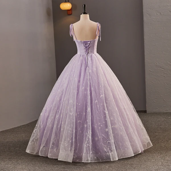 Glamorous Star Strapless Corset Lavender Prom Dresses Tulle Crossed Straps Spaghetti Straps Sleeveless Quinceañera Ball Gown Floor-Length / Long Formal Dresses 2023