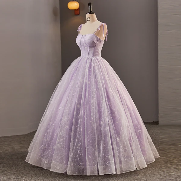 Glamorous Star Strapless Corset Lavender Prom Dresses Tulle Crossed Straps Spaghetti Straps Sleeveless Quinceañera Ball Gown Floor-Length / Long Formal Dresses 2023