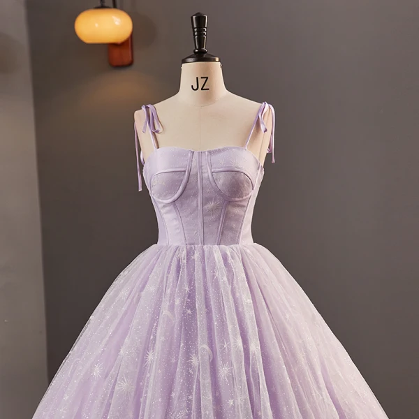 Glamorous Star Strapless Corset Lavender Prom Dresses Tulle Crossed Straps Spaghetti Straps Sleeveless Quinceañera Ball Gown Floor-Length / Long Formal Dresses 2023