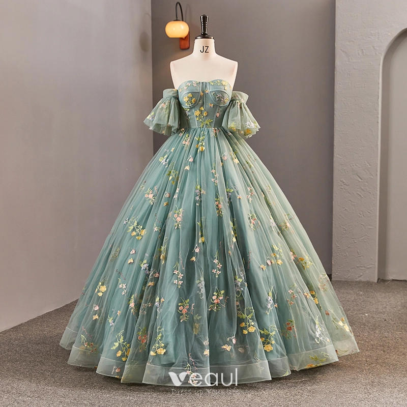 Flower Fairy Sage Green Appliques Prom Dresses 2023 Ball Gown Strapless Short Sleeve Flower Fairy Sage Green Appliques Prom Dresses 2023 Ball Gown Strapless Short Sleeve