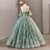 Flower Fairy Sage Green Sweetheart Corset Prom Dresses Floral Crossed Straps Lace Floor-Length / Long Ball Gown Tulle Formal Dresses 2023