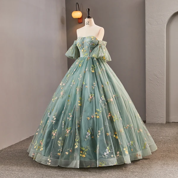 Flower Fairy Sage Green Sweetheart Corset Prom Dresses Floral Crossed Straps Lace Long