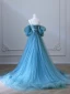 Schöne Blau Ballkleider 2024 A Linie Spaghettiträger Geschwollenes Kurze Ärmel Rückenfreies Sweep / Pinsel Zug Ball Festliche Kleider