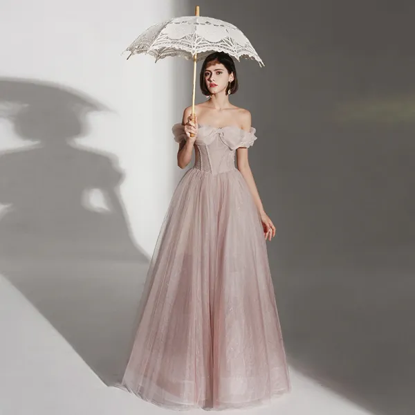 Fabulous Solid Color Pearl Pink Spring Prom Dresses 2021 A-Line / Princess Sweetheart Sleeveless Crossed Straps Glitter Tulle Taffeta Floor-Length / Long Formal Dresses
