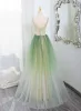 Fashion Sage Green Sequins Appliques Prom Dresses 2025 A-Line / Princess Spaghetti Straps Sleeveless Backless Floor-Length / Long Prom Formal Dresses