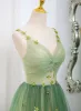 Fashion Sage Green Sequins Appliques Prom Dresses 2025 A-Line / Princess Spaghetti Straps Sleeveless Backless Floor-Length / Long Prom Formal Dresses