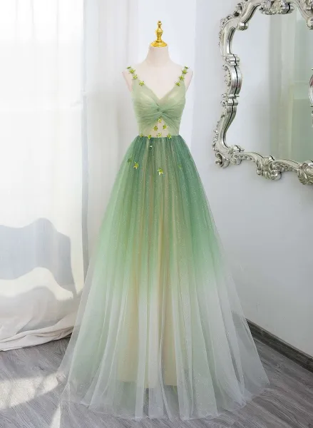Fashion Sage Green Sequins Appliques Prom Dresses 2025 A-Line / Princess Spaghetti Straps Sleeveless Backless Floor-Length / Long Prom Formal Dresses