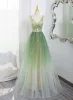 Fashion Sage Green Sequins Appliques Prom Dresses 2025 A-Line / Princess Spaghetti Straps Sleeveless Backless Floor-Length / Long Prom Formal Dresses