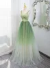 Fashion Sage Green Sequins Appliques Prom Dresses 2025 A-Line / Princess Spaghetti Straps Sleeveless Backless Floor-Length / Long Prom Formal Dresses