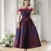 Fancy Purple Corset Feather Prom Dresses 2023 A-Line / Princess Off-The-Shoulder Tea-length Crossed Straps Short Sleeve Homecoming Formal Dresses