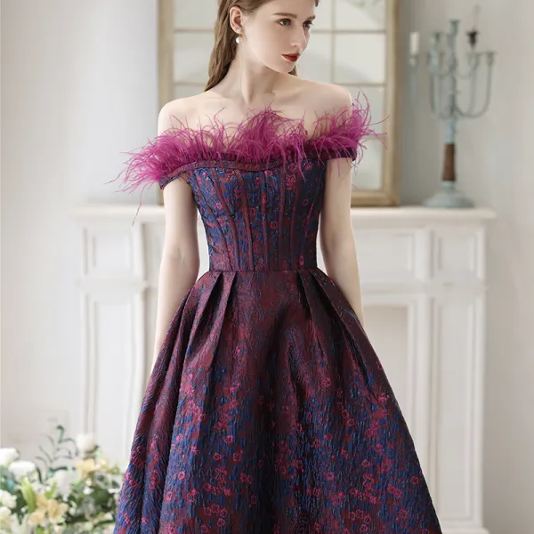 Fantazyjny Fioletowe Gorset Pióro Sukienki Na Bal 2023 Princessa Przy Ramieniu Długość Herbaty Skrzyżowane Pasy Kótkie Rękawy Homecoming Sukienki Wizytowe