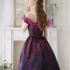 Fantazyjny Fioletowe Gorset Pióro Sukienki Na Bal 2023 Princessa Przy Ramieniu Długość Herbaty Skrzyżowane Pasy Kótkie Rękawy Homecoming Sukienki Wizytowe