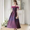 Fancy Purple Corset Feather Prom Dresses 2023 A-Line / Princess Off-The-Shoulder Tea-length Crossed Straps Short Sleeve Homecoming Formal Dresses