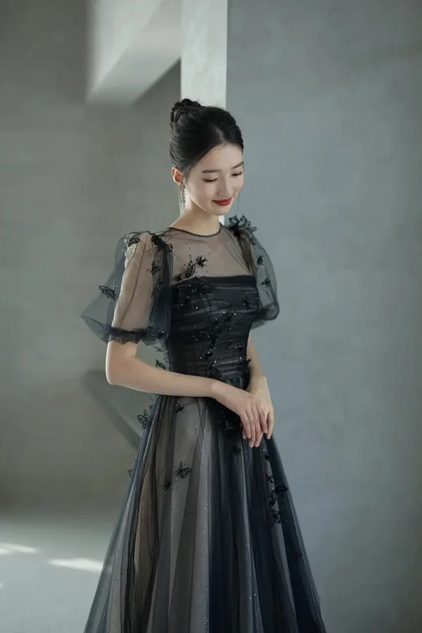 Chic / Beautiful Black Glitter Appliques Prom Dresses 2024 A-Line / Princess Scoop Neck Short Sleeve Backless Floor-Length / Long Prom Formal Dresses