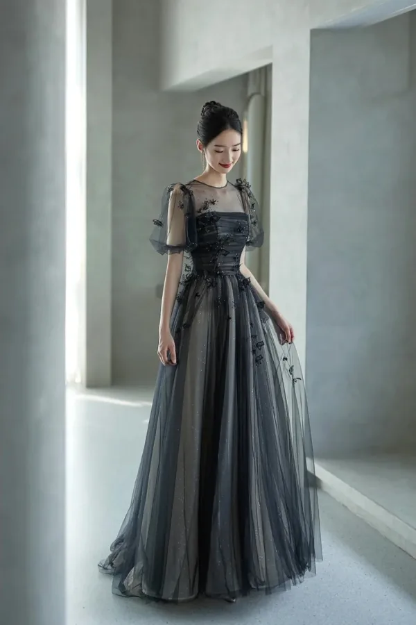 Chic / Beautiful Black Glitter Appliques Prom Dresses 2024 A-Line / Princess Scoop Neck Short Sleeve Backless Floor-Length / Long Prom Formal Dresses