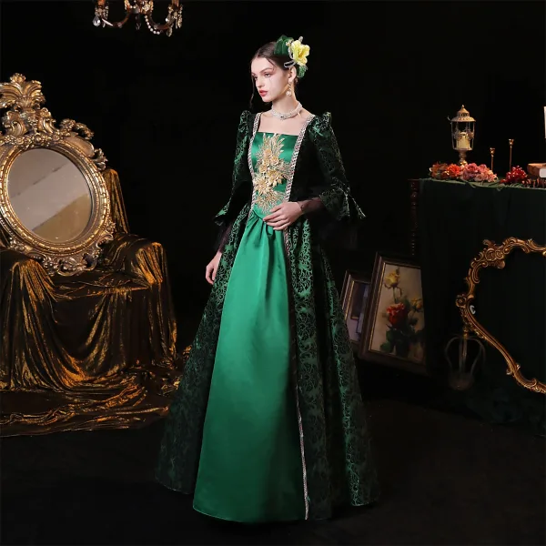Vintage / Retro Medieval Green Prom Dresses 2023 Crossed Straps 3D Lace Puffy Printing Square Neckline 3/4 Sleeve Satin Floor-Length / Long Ball Gown Formal Dresses