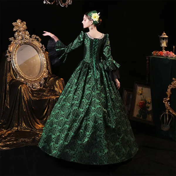 Vintage / Retro Medieval Green Prom Dresses 2023 Crossed Straps 3D Lace Puffy Printing Square Neckline 3/4 Sleeve Satin Floor-Length / Long Ball Gown Formal Dresses