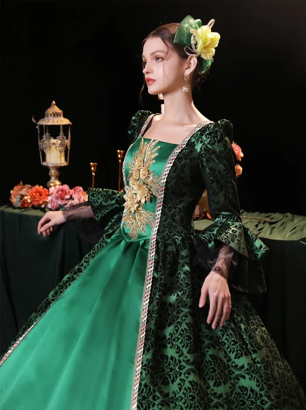 Vintage / Retro Medieval Green Prom Dresses 2023 Crossed Straps 3D Lace Puffy Printing Square Neckline 3/4 Sleeve Satin Floor-Length / Long Ball Gown Formal Dresses