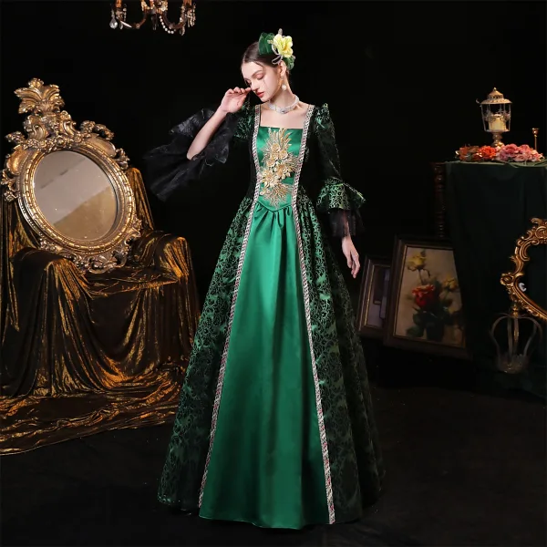 Vintage / Retro Medieval Green Prom Dresses 2023 Crossed Straps 3D Lace Puffy Printing Square Neckline 3/4 Sleeve Satin Floor-Length / Long Ball Gown Formal Dresses
